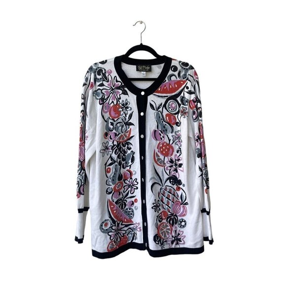 Bob Mackie Sweaters - Bob Mackie Wearable Art Womens Sweater Size L Cardigan Fruit Floral Cotton